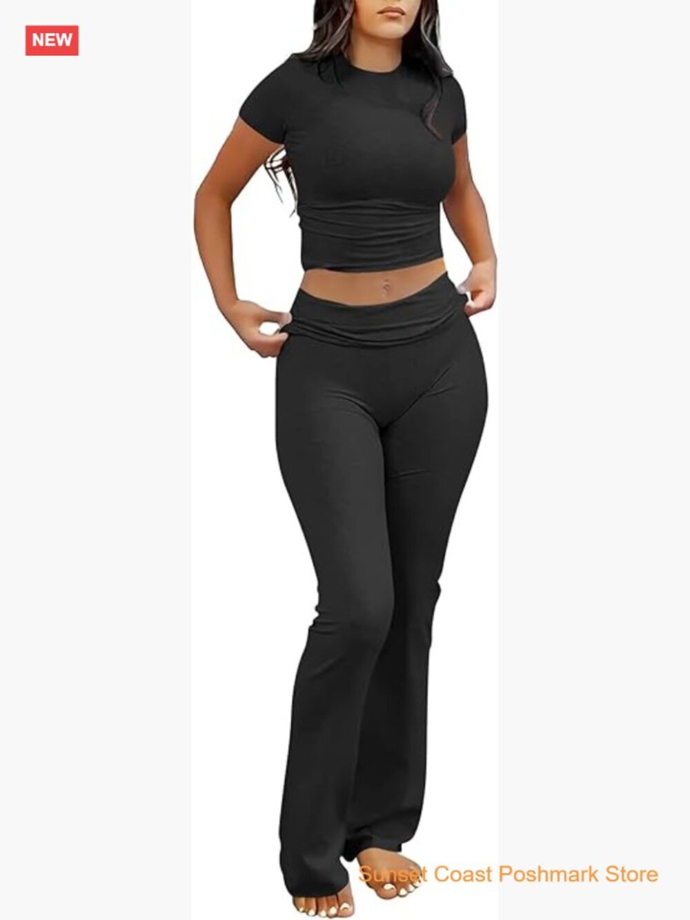 Soft Comfy Stretchy 2 Piece Lounge Set Crop Top & Foldover Flare Leggings Yoga